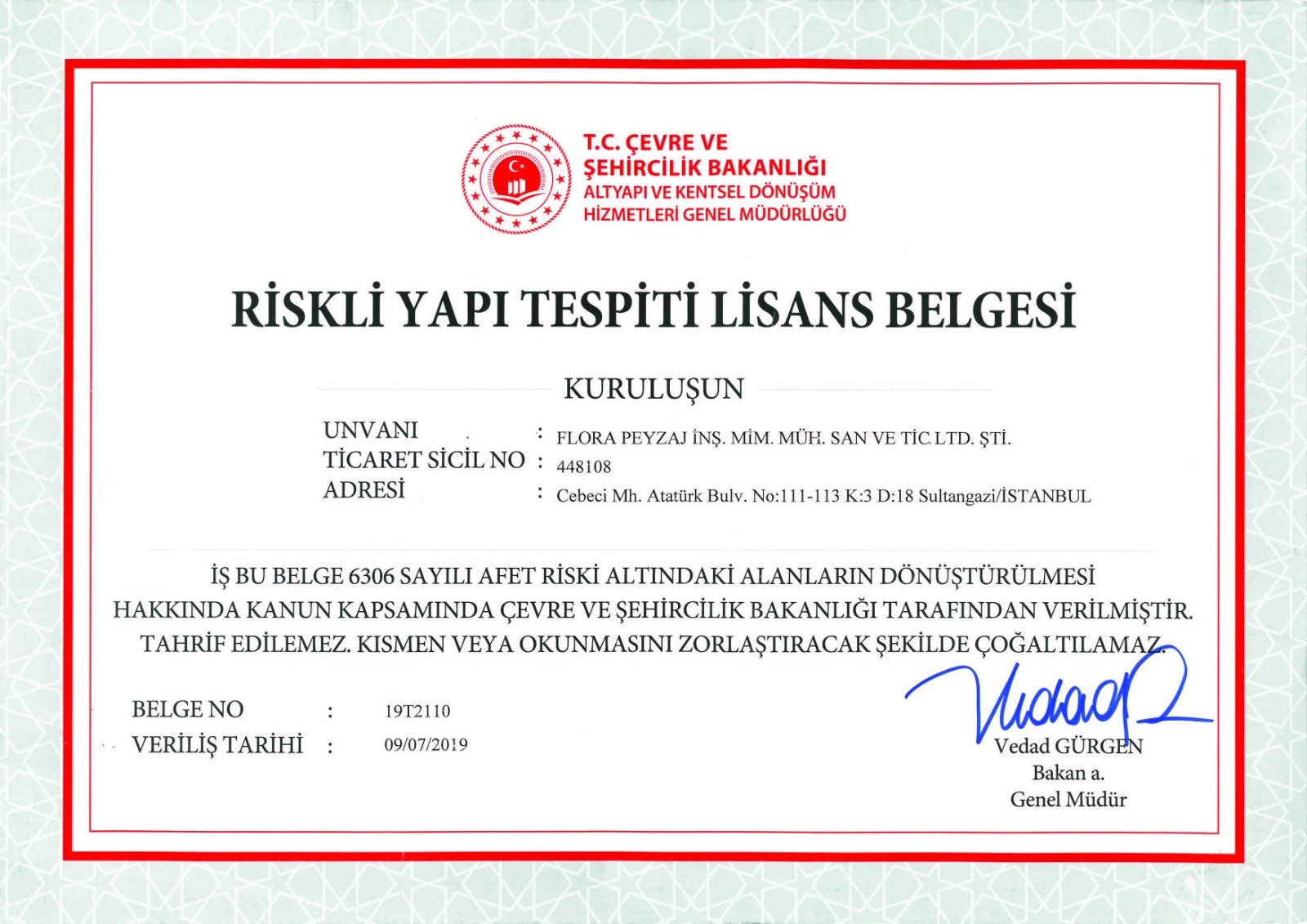 RİSKLİ YAPI TESPİTİ LİSANS BELGESİ